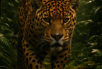 A powerful jaguar walking through dense green Mexican jungle undergrowth at dusk