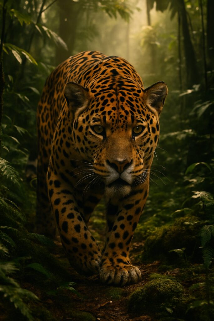 A powerful jaguar walking through dense green Mexican jungle undergrowth at dusk