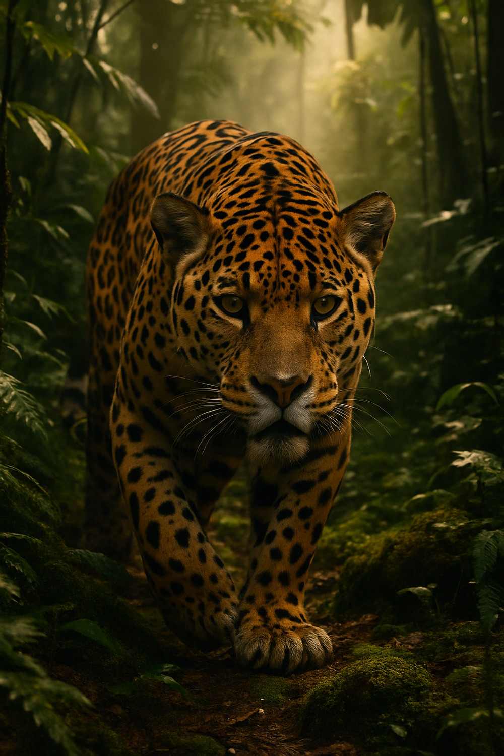 A powerful jaguar walking through dense green Mexican jungle undergrowth at dusk