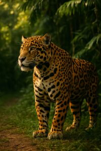 A powerful wild jaguar moving through dense green Mexican jungle undergrowth at dusk