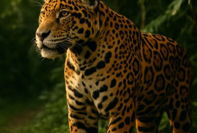 A powerful wild jaguar moving through dense green Mexican jungle undergrowth at dusk