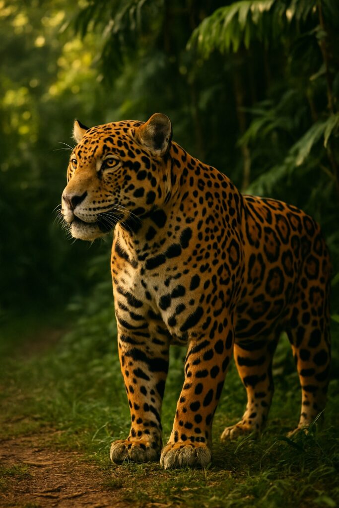 A powerful wild jaguar moving through dense green Mexican jungle undergrowth at dusk