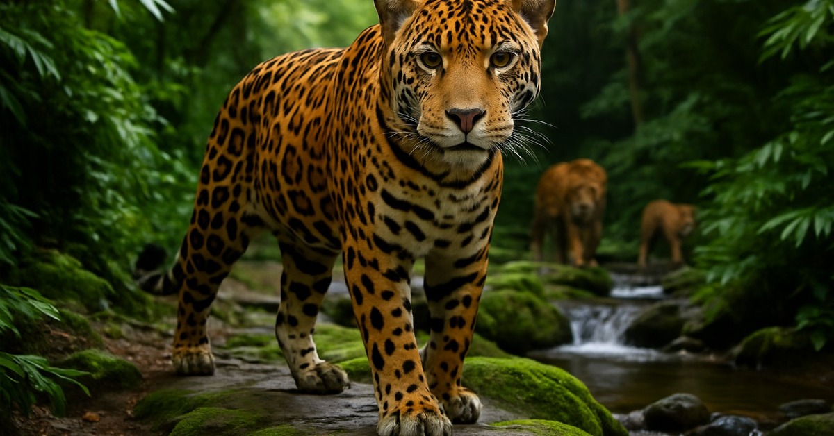 Close-up of jaguar rosette patterned coat partially hidden behind tropical foliage