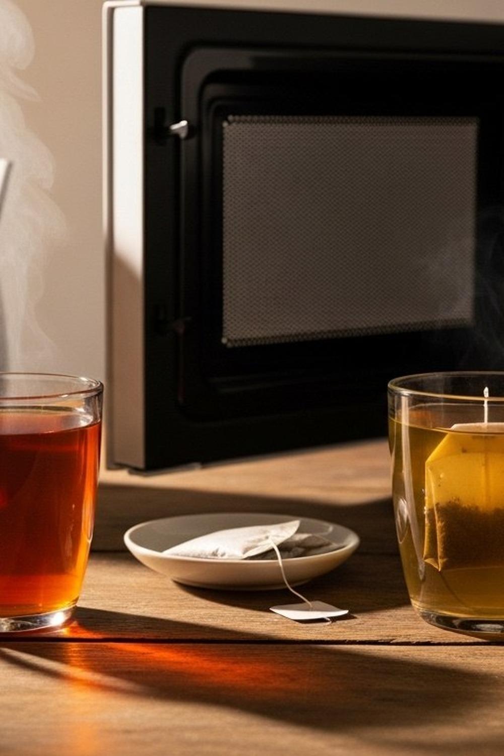 Steaming cup of tea beside an electric kettle on a wooden kitchen counter