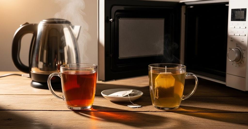 Close-up of tea leaves unfurling in hot water inside a clear glass teapot