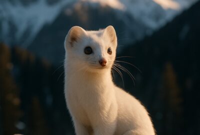 White stoat in winter coat perched on snowy Alpine rock, Dolomites background