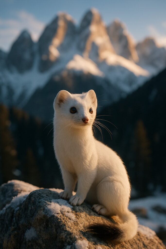 White stoat in winter coat perched on snowy Alpine rock, Dolomites background