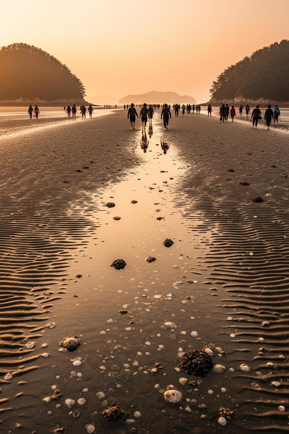 Crowds of people walking the exposed tidal seabed between two Korean islands at low tide