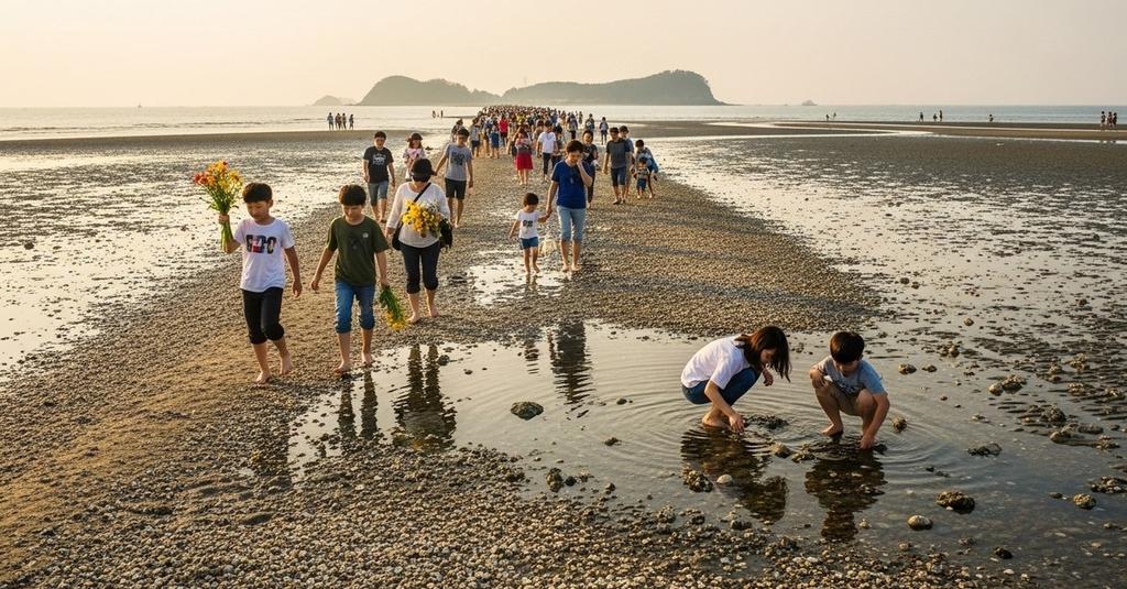 Wide aerial view of the Jindo sea parting revealing a sandy path through the Yellow Sea