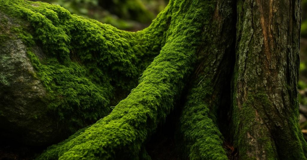 Extreme close-up of sphagnum moss droplets glistening in soft forest light