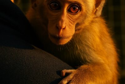Young toque macaque clinging tightly to a man's shoulder in warm golden light