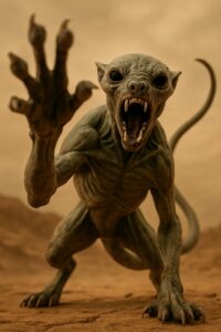 Alien predator creature mid-gallop across cracked ochre Martian desert terrain