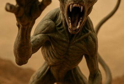 Alien predator creature mid-gallop across cracked ochre Martian desert terrain