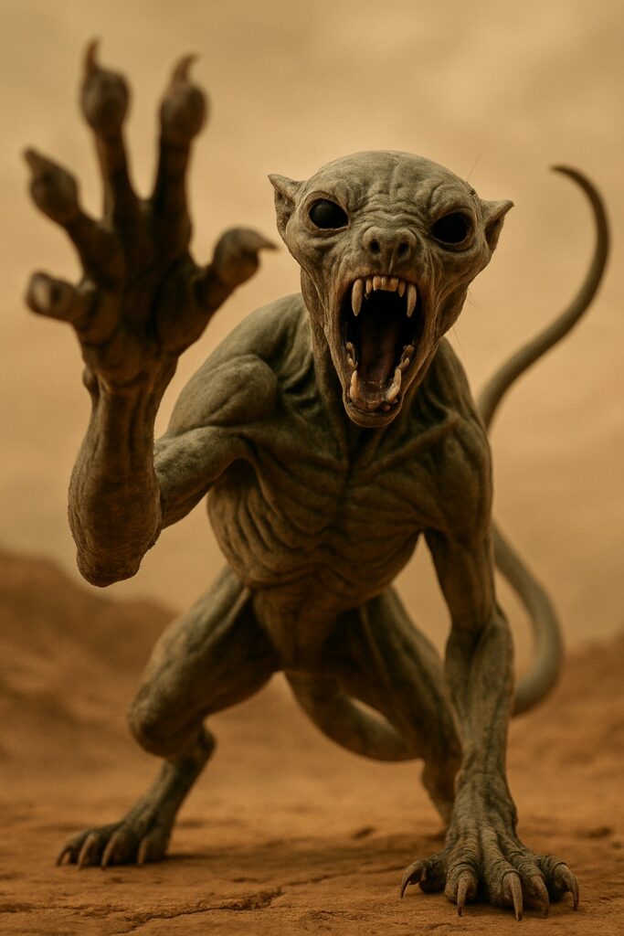 Alien predator creature mid-gallop across cracked ochre Martian desert terrain