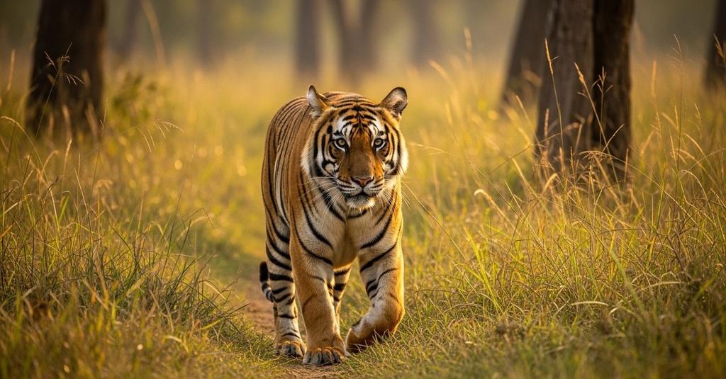 Camera trap image of a striped Bengal tiger prowling a wildlife corridor at dusk