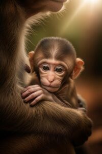 Newborn monkey clinging tightly to its mother's fur in a forest canopy