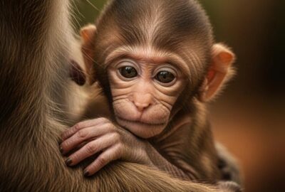 Newborn monkey clinging tightly to its mother's fur in a forest canopy