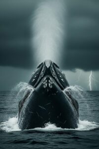Massive North Atlantic Right Whale surfacing in dark Atlantic Ocean waters, dorsal view