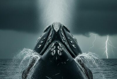 Massive North Atlantic Right Whale surfacing in dark Atlantic Ocean waters, dorsal view