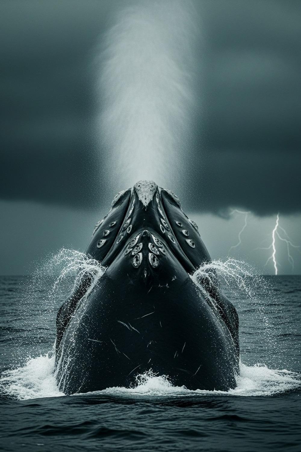 Massive North Atlantic Right Whale surfacing in dark Atlantic Ocean waters, dorsal view