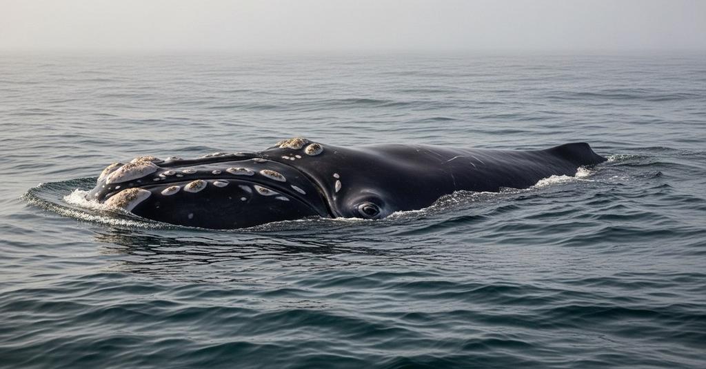 North Atlantic Right Whale mother and calf swimming close together near ocean surface