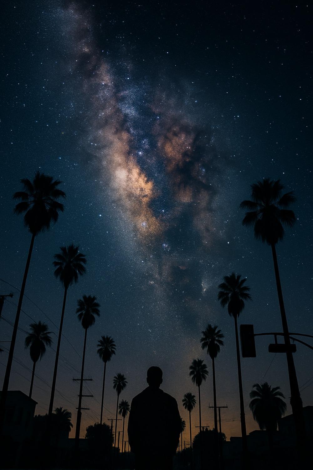 Stunning Milky Way galaxy arching over a dark silhouetted Los Angeles cityscape at night