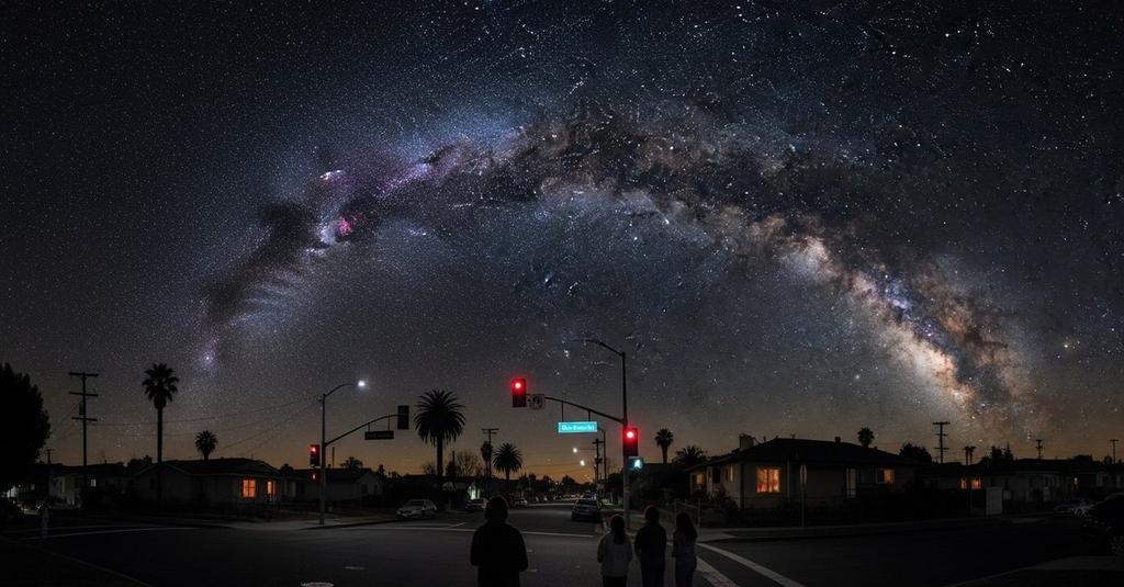 Person standing alone on dark street staring up at brilliant star-filled sky in awe