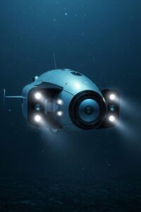 Autonomous underwater drone scanning dark seafloor searching for abandoned ghost fishing net