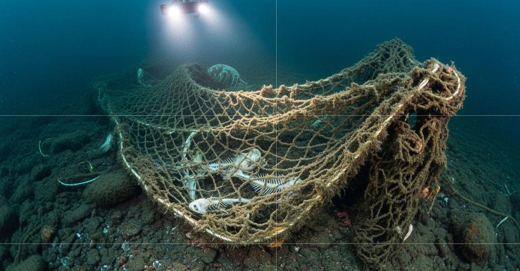 Tangled ghost net drifting on cold dark ocean floor trapping marine life silently