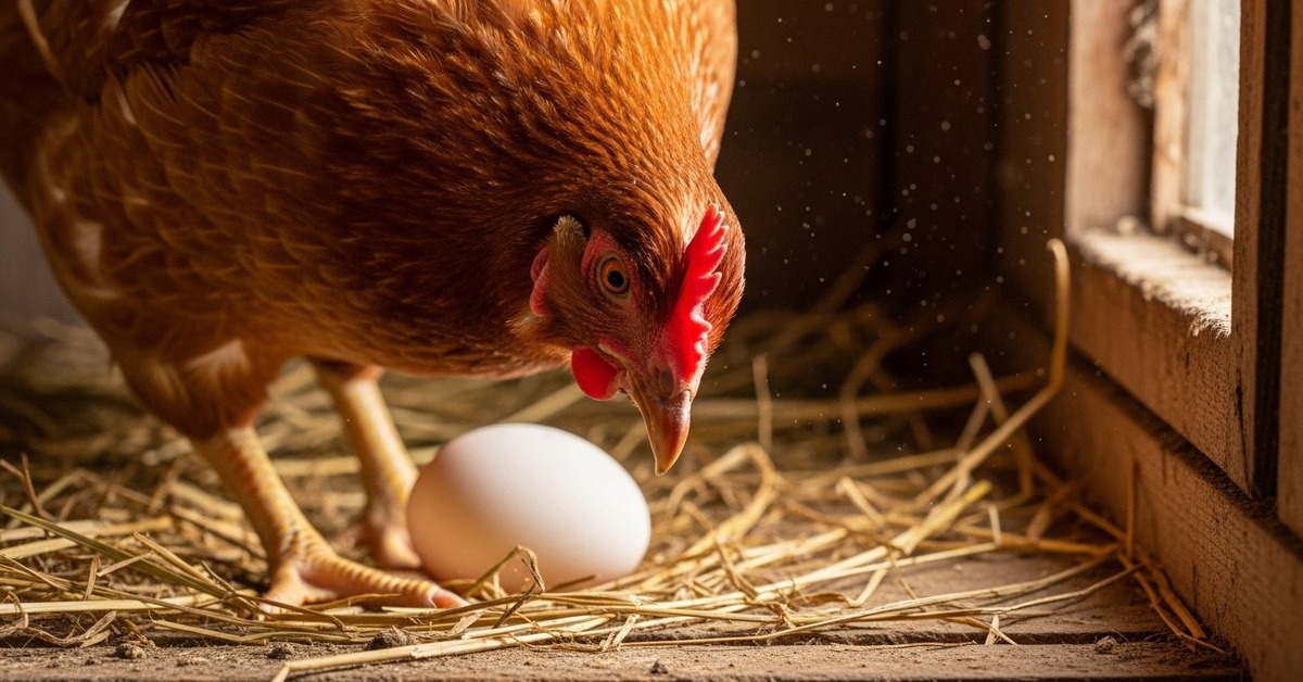 A hen in warm golden light with a freshly laid egg in a rustic nest