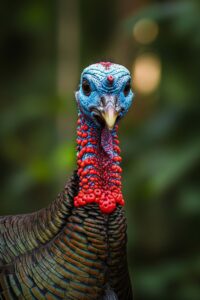 Ocellated Turkey with vivid blue head and iridescent bronze feathers in Yucatán jungle