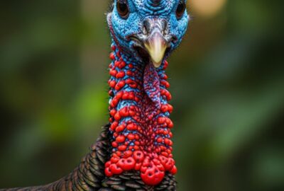 Ocellated Turkey with vivid blue head and iridescent bronze feathers in Yucatán jungle