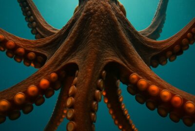 Large common octopus swimming in open water with vivid orange suckers visible against deep blue