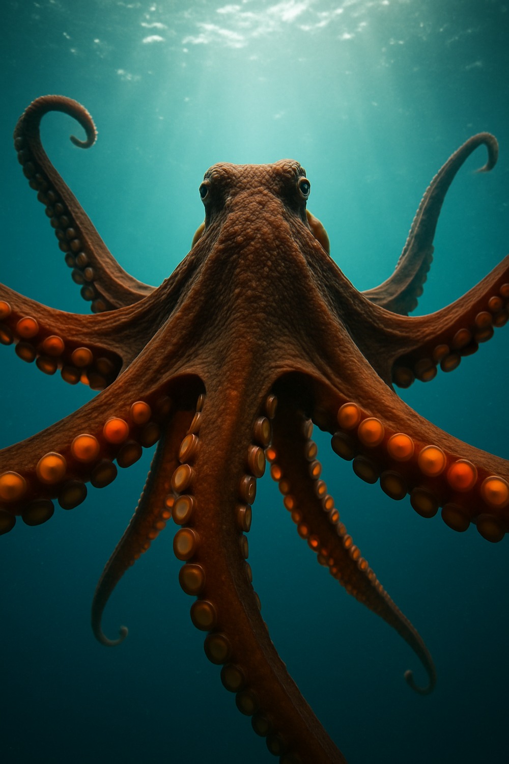 Large common octopus swimming in open water with vivid orange suckers visible against deep blue