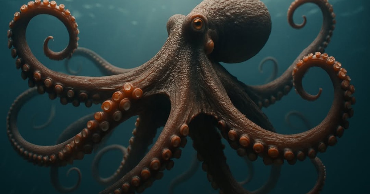 Close-up of octopus eye and textured mantle glowing in diffused underwater light