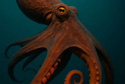 Common octopus swimming in open water with arms dramatically spread wide