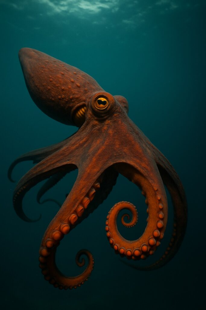 Common octopus swimming in open water with arms dramatically spread wide