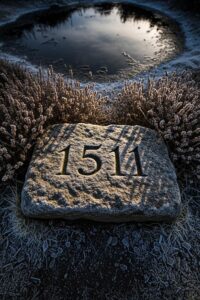 Ancient granite curling stone dated 1511 resting on frost-covered Scottish ground