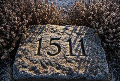 Ancient granite curling stone dated 1511 resting on frost-covered Scottish ground