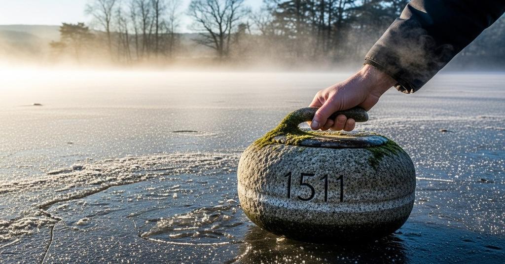 Villagers sliding rough granite stones across a frozen Scottish loch in winter