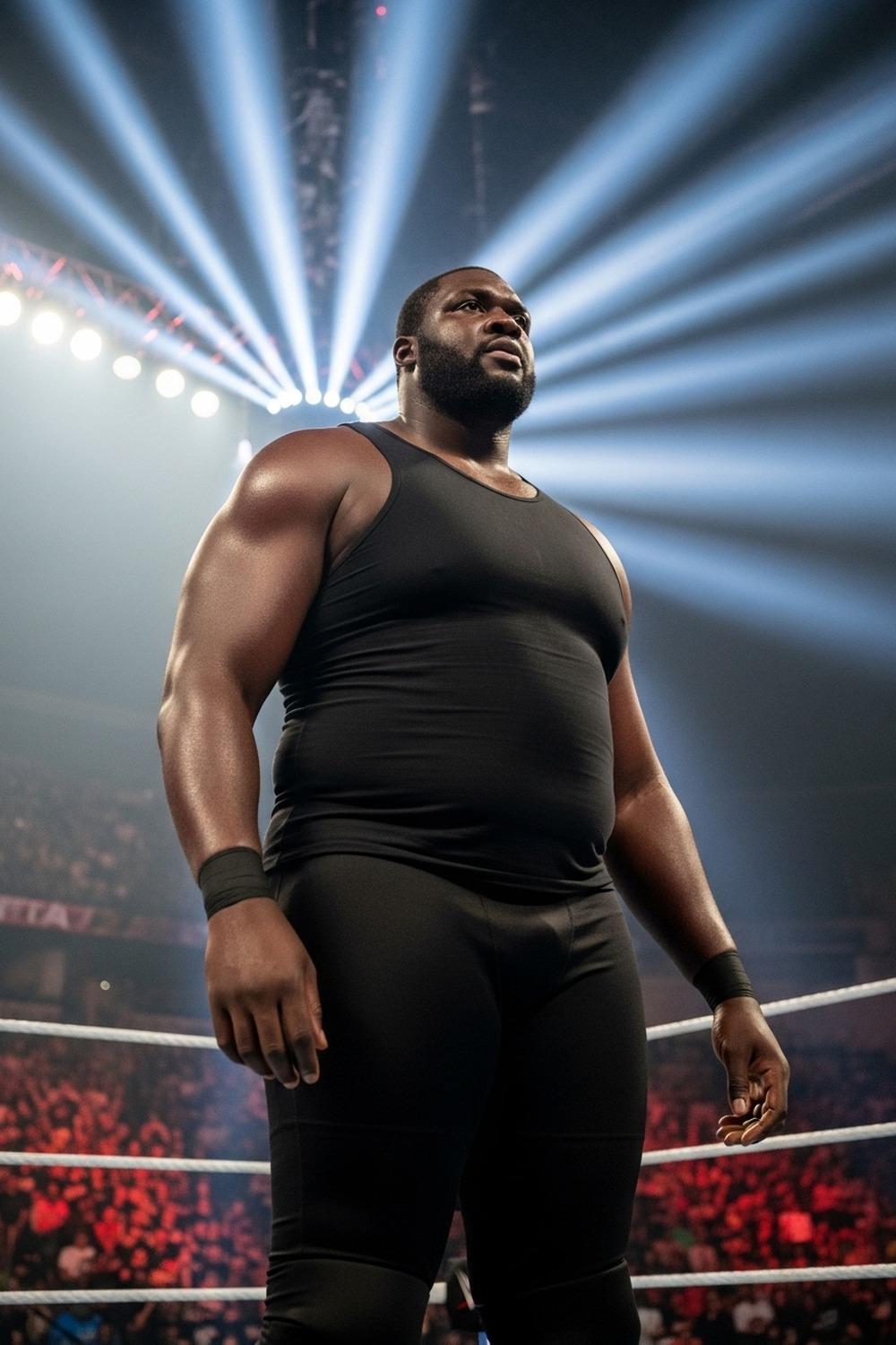 Omos the WWE giant standing in a wrestling ring dwarfing his surroundings