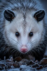 Virginia opossum with frost-darkened ear tips foraging in winter snow at night