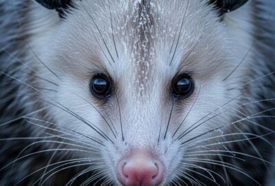 Virginia opossum with frost-darkened ear tips foraging in winter snow at night