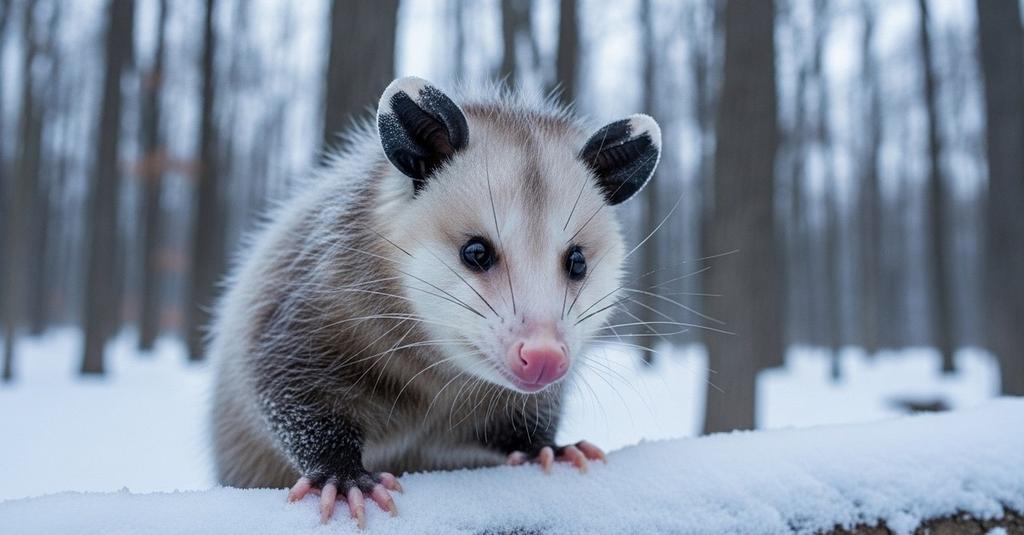 Close-up of opossum scarred tail and damaged ears showing multiple winters of frostbite