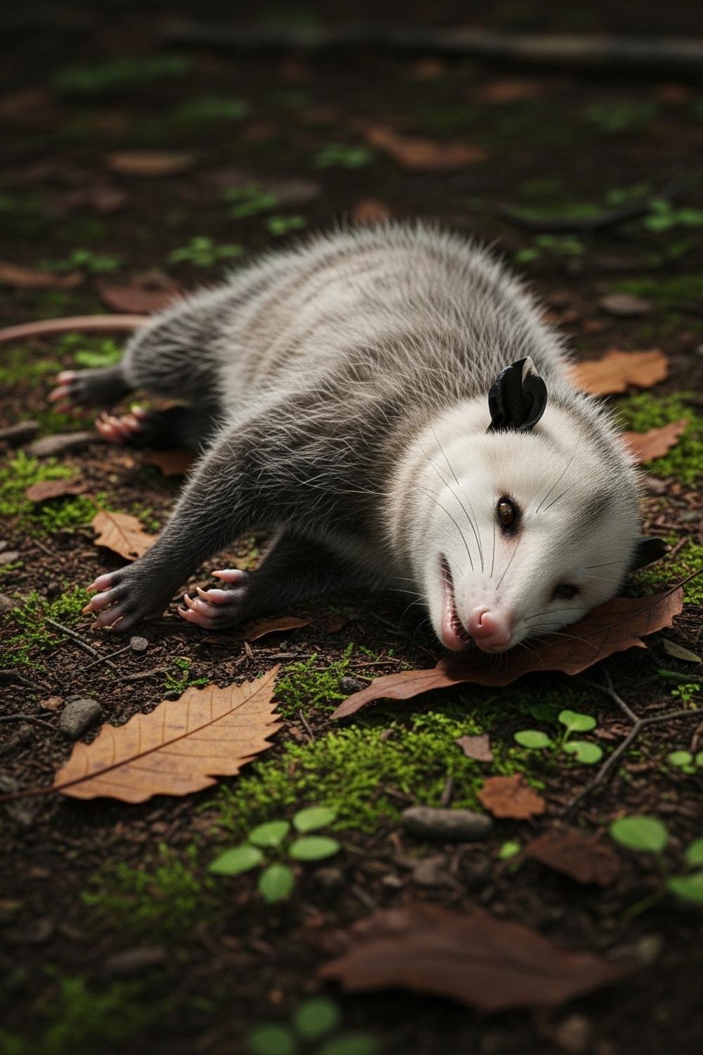 A Virginia opossum lying completely still on a forest floor among autumn leaves