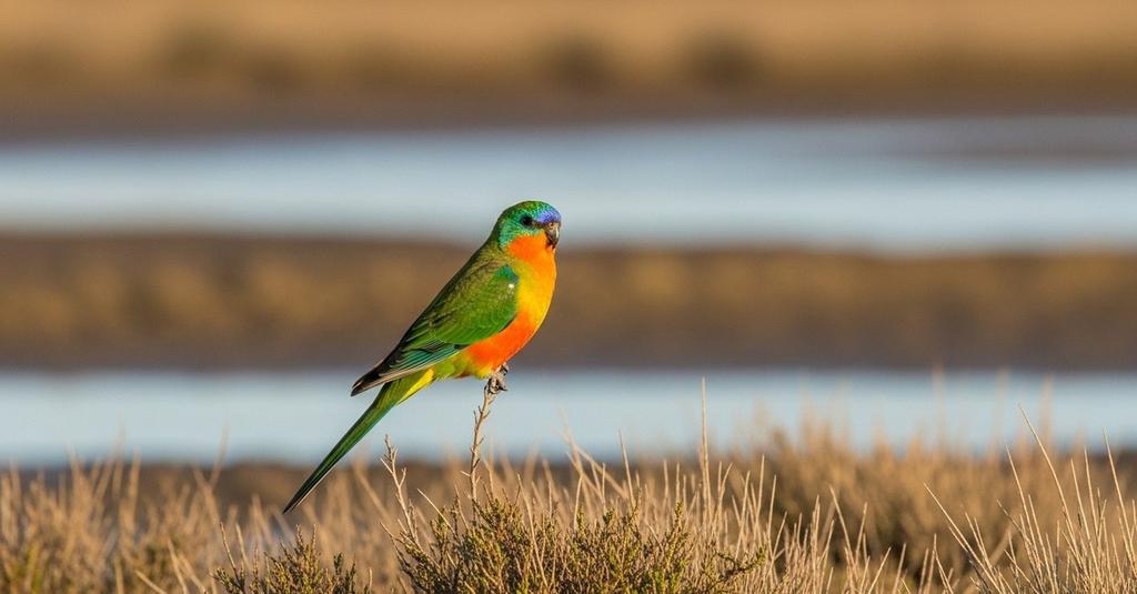 Close-up of orange-bellied parrot electric blue wing markings catching sunlight in scrubland