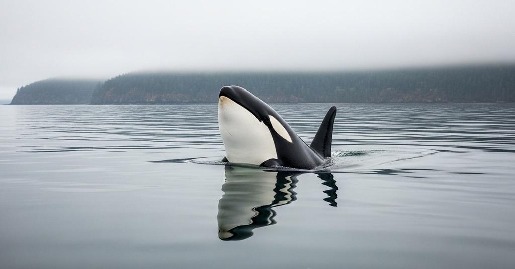 Southern Resident killer whale pod swimming together through open Pacific waters
