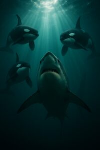Four orcas encircling a great white shark in deep teal ocean with dramatic sunrays