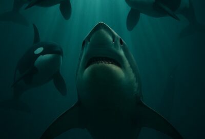 Four orcas encircling a great white shark in deep teal ocean with dramatic sunrays