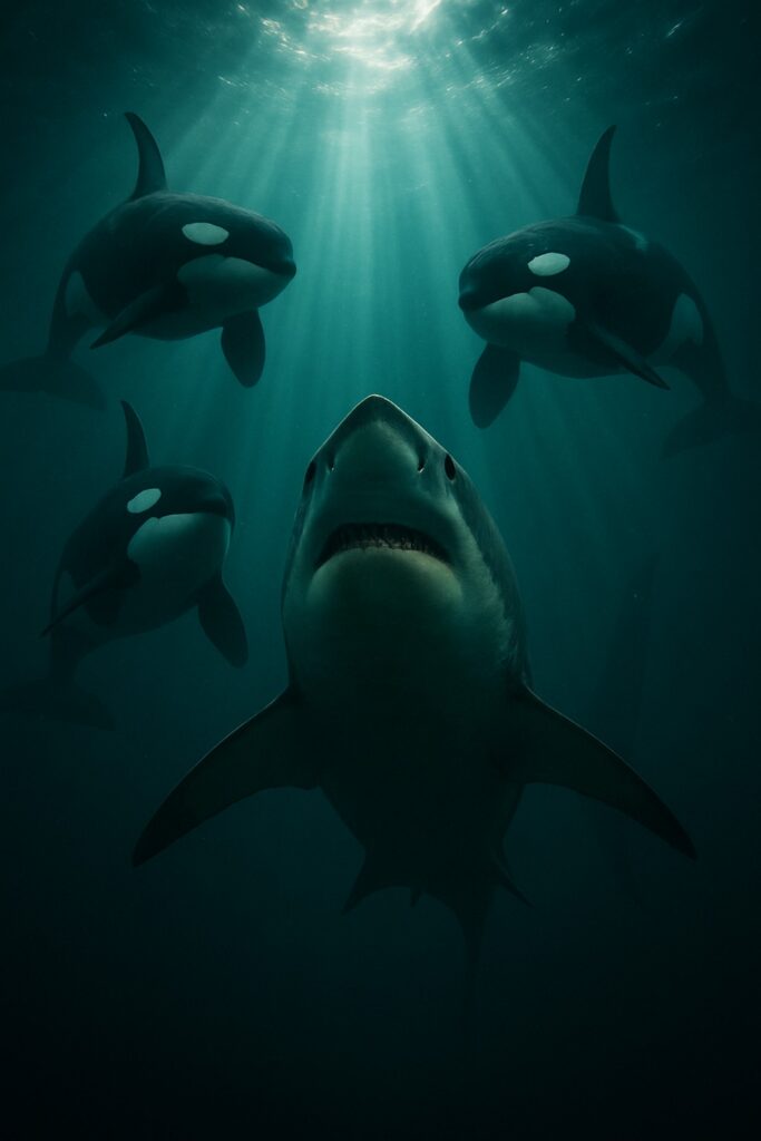 Four orcas encircling a great white shark in deep teal ocean with dramatic sunrays